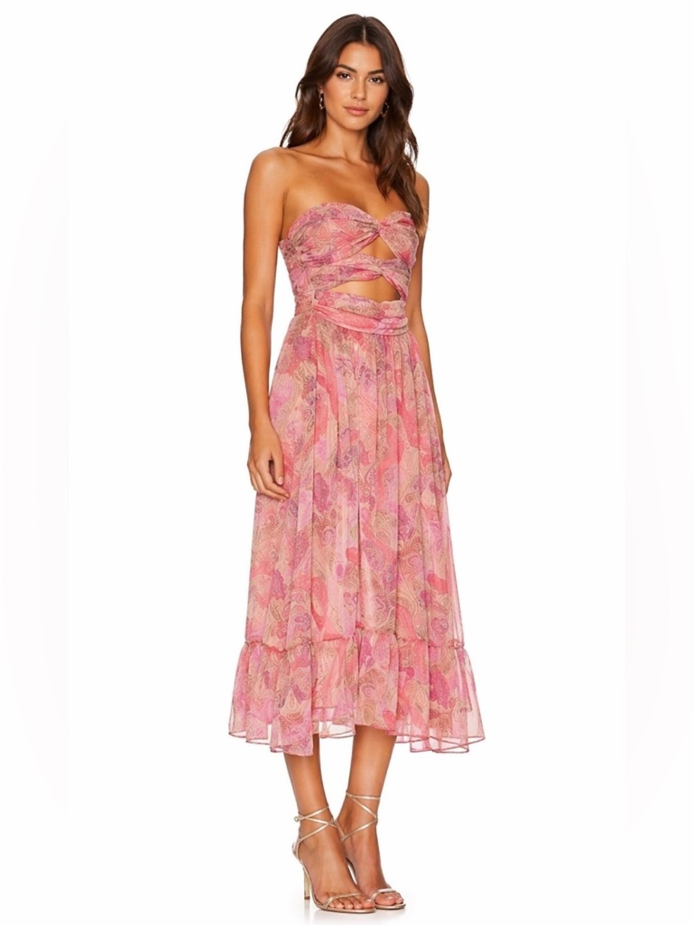 MISA Los Angeles Strapless Muted Pink Paisley Cutout Midi Dress